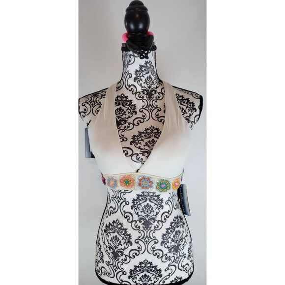 ISABELLA ROSE Women's Bikini Top Brallete Cup-D L Beige Embroidered Cross-Back - Picture 2 of 9